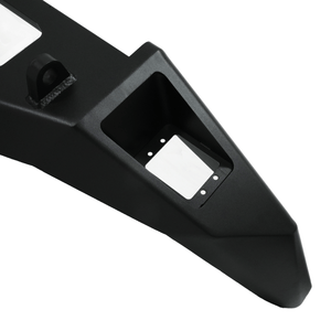 Close-up of black Metal Tech Phantom front bumper corner with integrated light mount for FJ Cruiser.