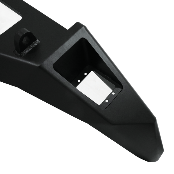Close-up of black Metal Tech Phantom front bumper corner with integrated light mount for FJ Cruiser.