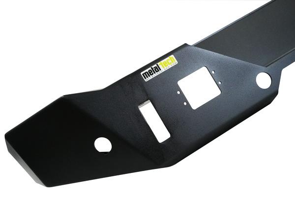 Close-up of black Metal Tech 4x4 Bronco 6G rear ACES high bumper with cutouts and logo on white background.