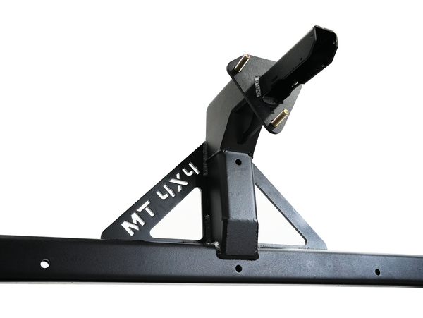 Close-up of black powder-coated Bronco 6G rear bumper swing arm mount with "MT 4X4" cutout detail.