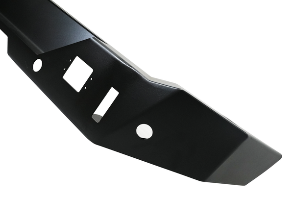 Close-up of black metal rear Aces High bumper for Bronco 6G with cutouts for lights and accessories.