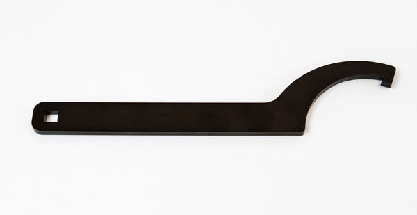 Black metal coilover spanner wrench with square end for Radflo adjustment, shown on white background.