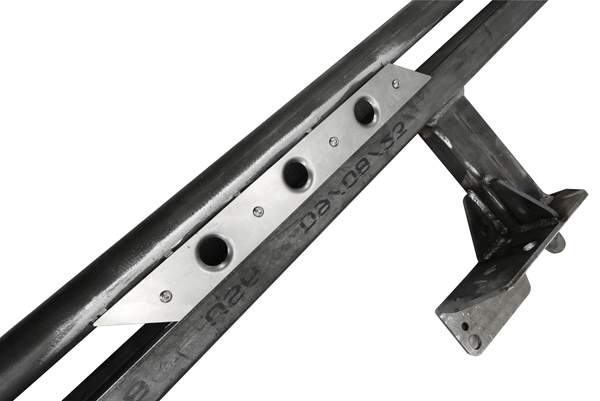 Close-up of metal sidewinder rock slider bracket with welded mounting plate for 2021 Bronco 4-door.