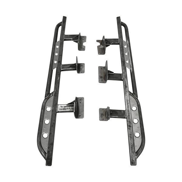 Pair of black steel Sidewinder rock sliders for 2021 Bronco 4-door, shown detached on white background.