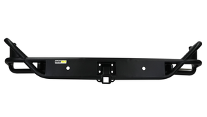 Black Metal Tech rear tube bumper for FJ Cruiser with hitch receiver, front view on white background.