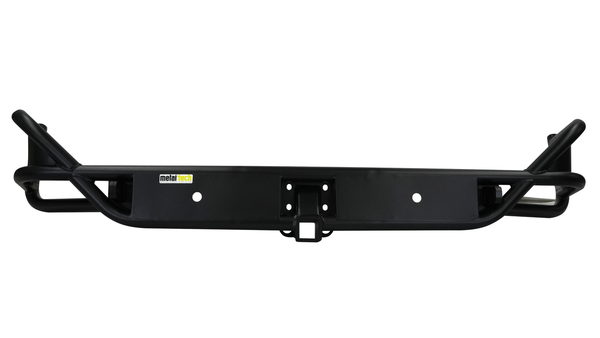 Black Metal Tech rear tube bumper for FJ Cruiser with hitch receiver, front view on white background.