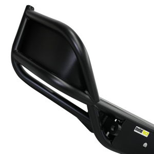 Close-up of black powder-coated steel Metal Tech rear tube bumper for FJ Cruiser, showing welds and mounting points.