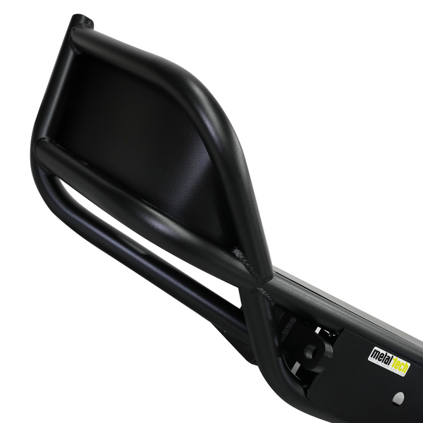 Close-up of black powder-coated steel Metal Tech rear tube bumper for FJ Cruiser, showing welds and mounting points.