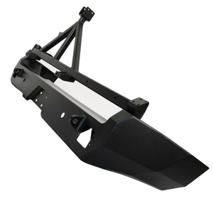 Black full shell rear swing-out bumper for FJ Cruiser with reinforced mounting brackets, angled view.