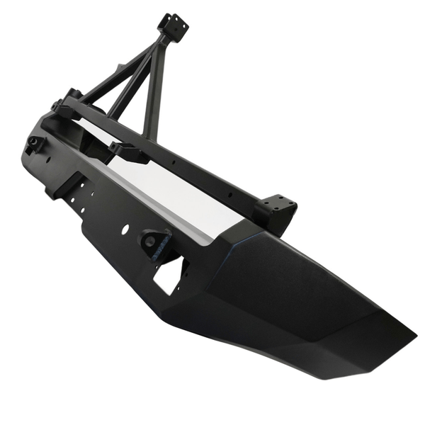 Black full shell rear swing-out bumper for FJ Cruiser with reinforced mounting brackets, angled view.