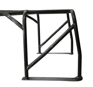 Close-up of black metal roll cage side panel with welded diagonal braces and mounting plates for FJ40 Land Cruiser.