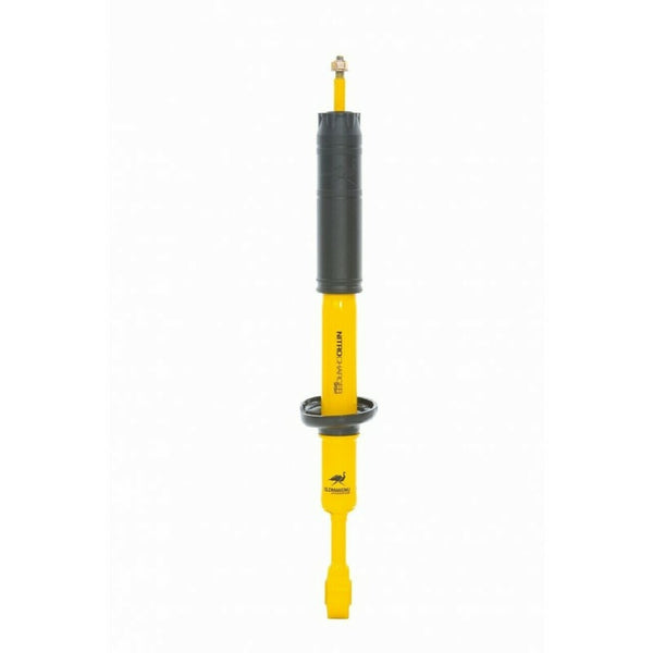 Yellow and black Nitrocharger Sport front strut for 2007-09 FJ Cruiser, shown upright on white background.