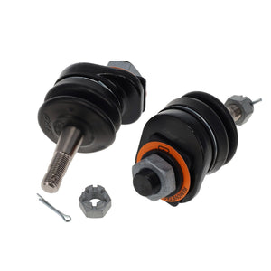 Two black replacement ball joints with metal studs, nuts, and cotter pins on a white background.