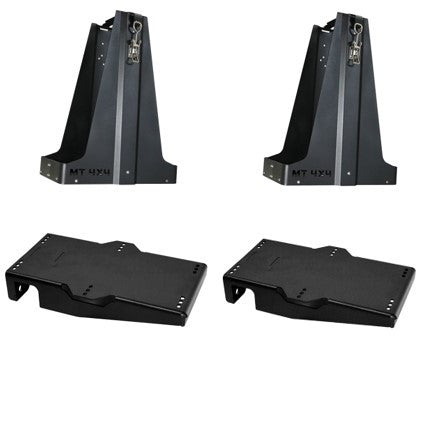 Two black metal fuel can carriers and two flat black metal holders for mounting, shown on white background.