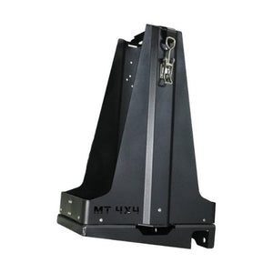Black metal Ace of Diamonds single fuel can carrier and holder with latch, angled view.