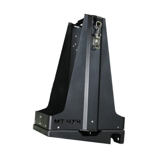 Black metal Ace of Diamonds single fuel can carrier and holder with latch, angled view.