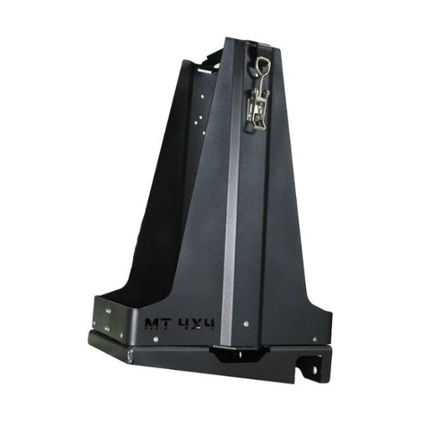 Black metal Ace of Diamonds single fuel can carrier and holder with latch, angled view.