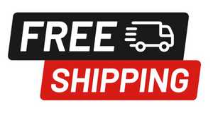 Graphic showing "Free Shipping" text with a delivery truck icon on black and red background blocks.