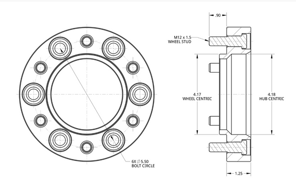 Technical drawing of a 1.25-inch hub-centric wheel spacer with bolt and hub measurements for Toyota.