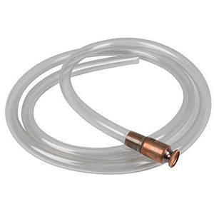 Coiled clear plastic siphon hose with copper safety valve fitting on one end.
