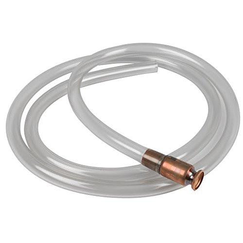 Coiled clear plastic siphon hose with copper safety valve fitting on one end.