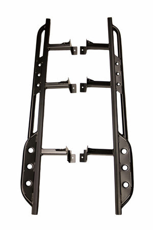 Black steel rock sliders for 2005-2015 Toyota Tacoma, shown flat with mounting brackets visible.