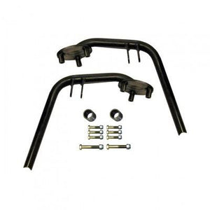 Black steel dual shock hoop kit for Toyota, including two curved bars, mounts, and hardware bolts.