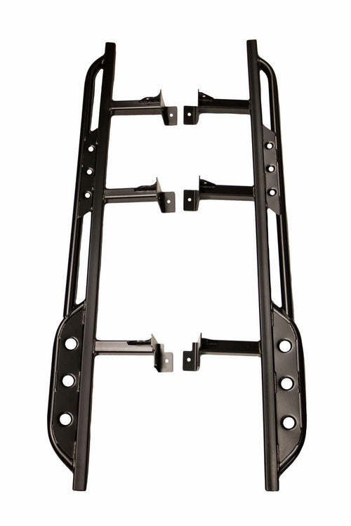 Pair of black metal side sliders with mounting brackets for 2016 Tacoma Access Cab 1 1/2 door.