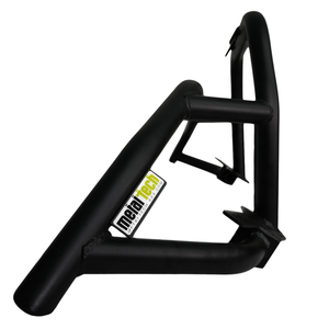 Black metal front tube bumper for FJ Cruiser with welded frame and Metal Tech logo plate.