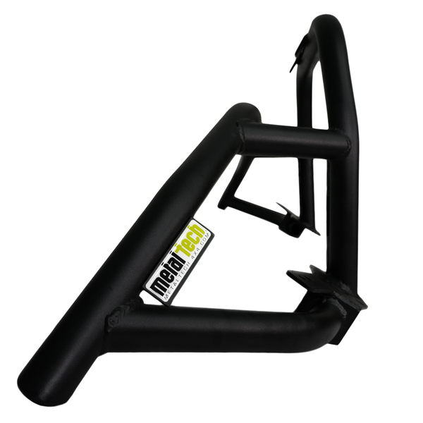 Black metal front tube bumper for FJ Cruiser with welded frame and Metal Tech logo plate.