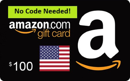 Amazon gift card with US flag and $100 value, no code needed displayed on black background.