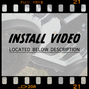 Text overlay reading "Install video located below description" over a partially visible 2021 Ford Bronco 4-door with rock sliders installed.