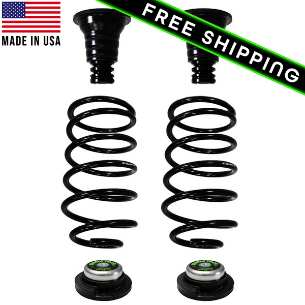 Pair of black rear coil springs with key cones for 4x4 GX460 rear coil conversion, stock height, made in USA.