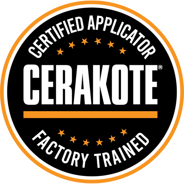 Cerakote certified applicator badge with factory trained text in black, white, and orange circle design.