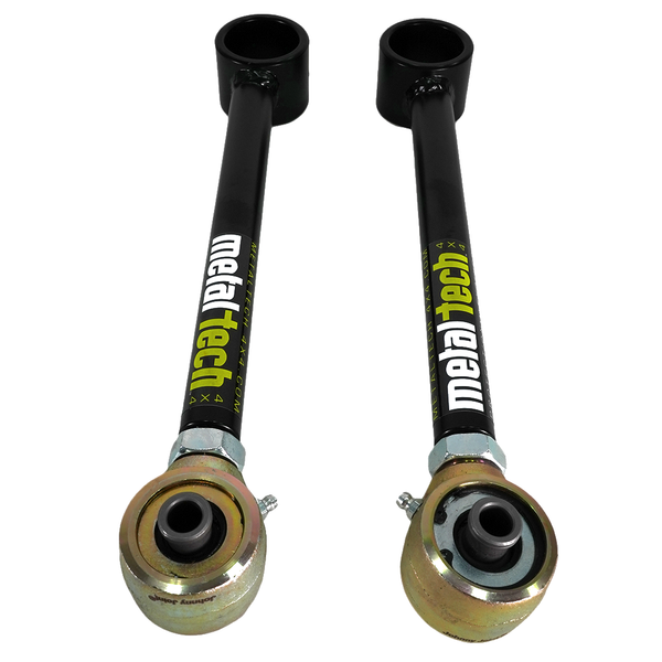 Pair of black Metal Tech rear upper and lower suspension links with gold-tone rod ends for 4x4 vehicles.