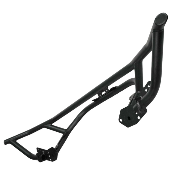 Black metal front tube bumper for FJ Cruiser with mounting brackets, angled view on white background.