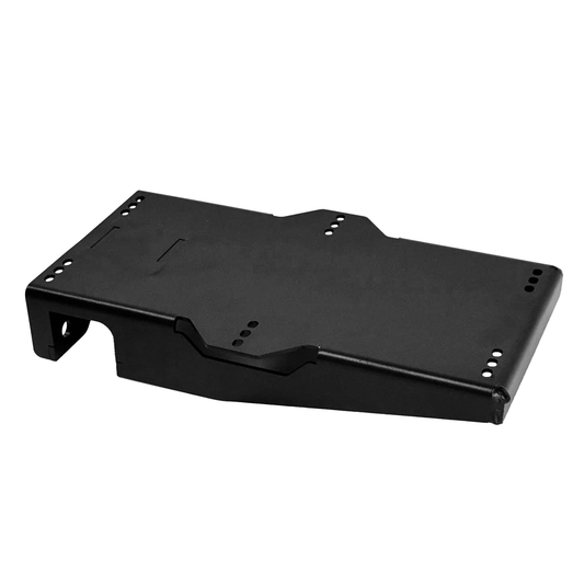 Black metal single fuel can carrier base plate with mounting holes for 4x4 vehicles.