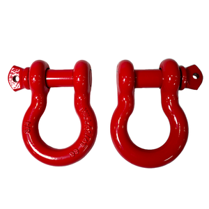 Pair of red powder-coated metal shackles with pins, shown side by side on white background.