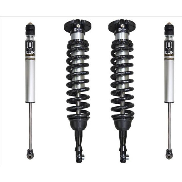 Four Icon Stage 1 suspension components for 2007-up Toyota Tundra, including two shocks and two coilover assemblies.