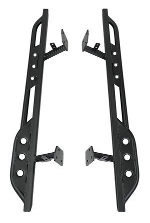 Pair of black steel rock sliders for 2010-2013 Toyota 4Runner Limited and SR5, angled mounting brackets visible.