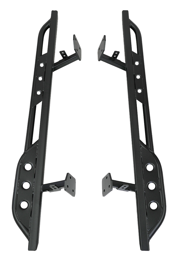 Pair of black steel rock sliders for 2010-2013 Toyota 4Runner Limited and SR5, angled mounting brackets visible.