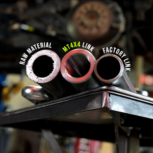 Close-up of three metal tubes showing raw material, MT4x4 threaded link, and factory link for rear suspension upgrade.