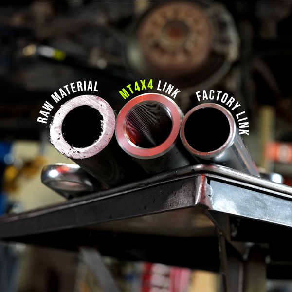 Close-up of three metal tubes showing raw material, MT4x4 threaded link, and factory link for rear suspension upgrade.