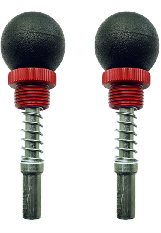 Two metal auto lock pins with black round tops and red threaded collars, designed for rear bumper swing-out arms.