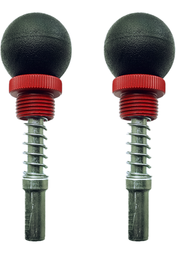 Two metal auto lock pins with black round tops and red threaded collars, designed for rear bumper swing-out arms.