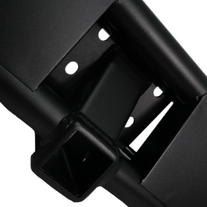 Close-up of black powder-coated steel hitch receiver on Metal Tech FJ Cruiser rear tube bumper.