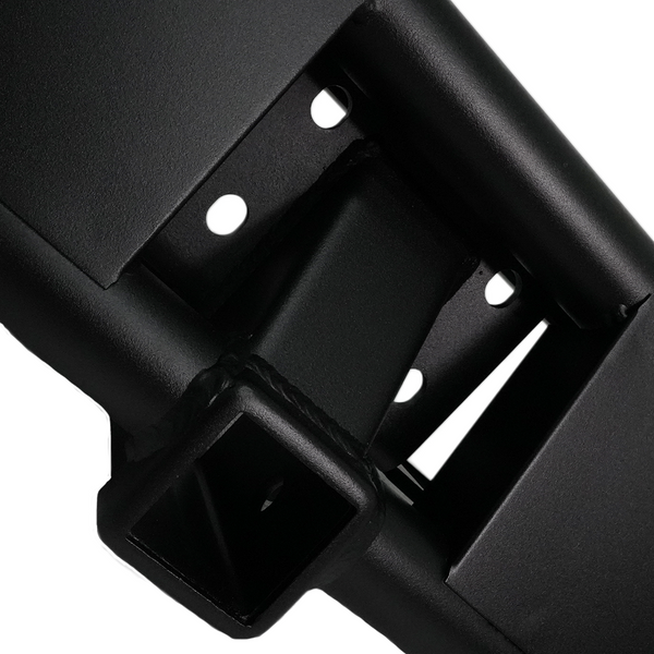 Close-up of black powder-coated steel hitch receiver on Metal Tech FJ Cruiser rear tube bumper.