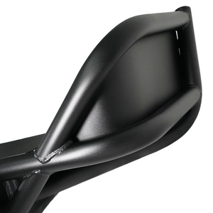 Close-up of black powder-coated metal tube bumper corner with reinforced welds for FJ Cruiser rear protection.