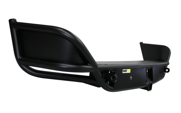Black metal rear tube bumper for FJ Cruiser with integrated hitch receiver, angled view on white background.