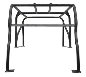 Front view of black metal full-profile roll cage kit for FJ40 Land Cruiser, showing welded frame structure and mounting plates.